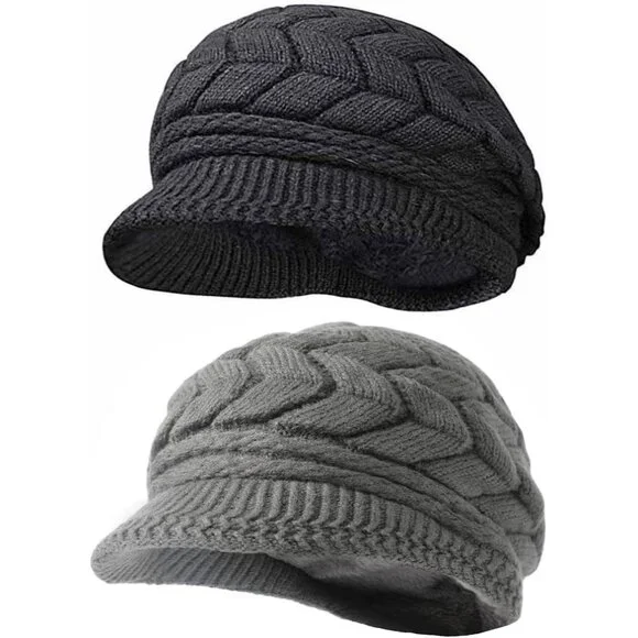 👑Women’s _2hats(black+dark Grey) Winter Warm Knit Wool Snow Ski Hat with Visor